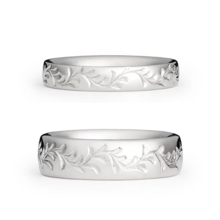 手彫りのツル草模様の彫金ペアリング 純チタン結婚指輪 マリッジリング