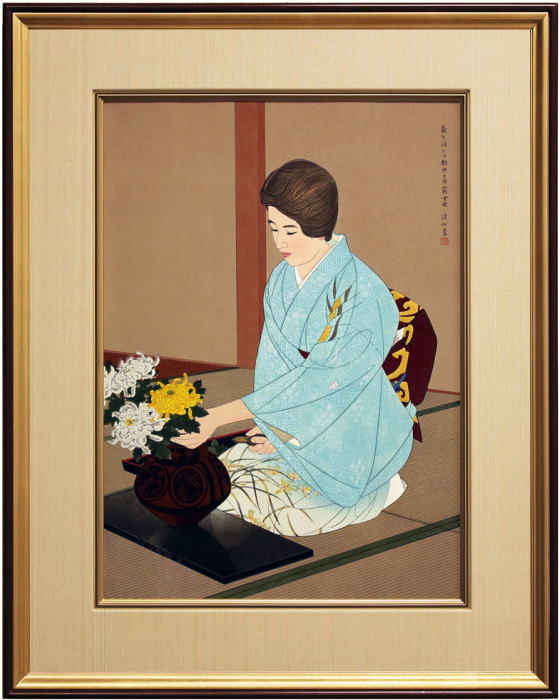 楽天市場】伊東深水『菊を活ける』(菊を活ける勅使河原霞女史) 木版画
