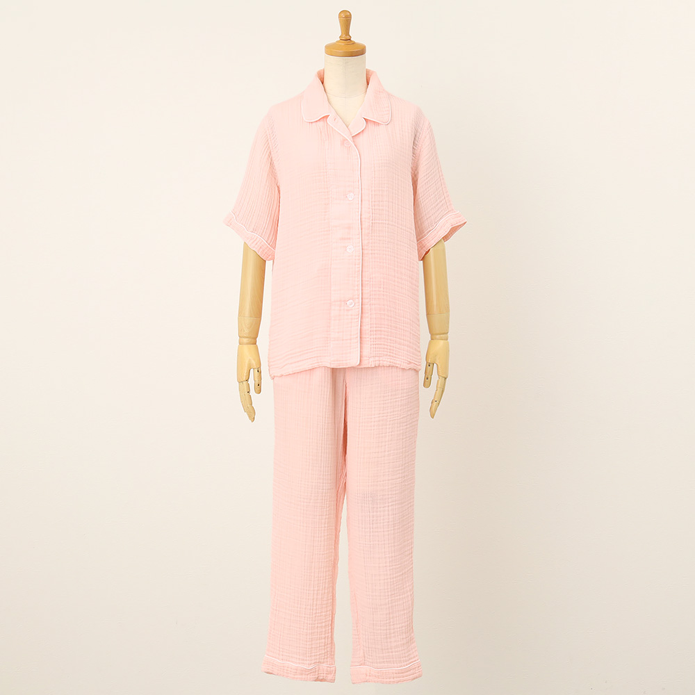 クレープガーゼ 半袖パイピング レディースパジャマ ピンク | 商品詳細