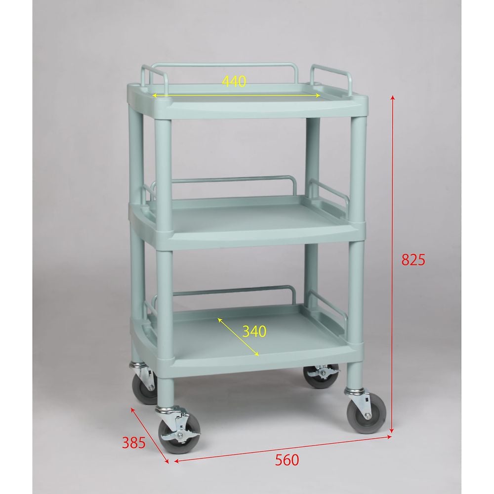 8-8719-03 プラスチックワゴン3段 ガードレール付き 560×385×825mm