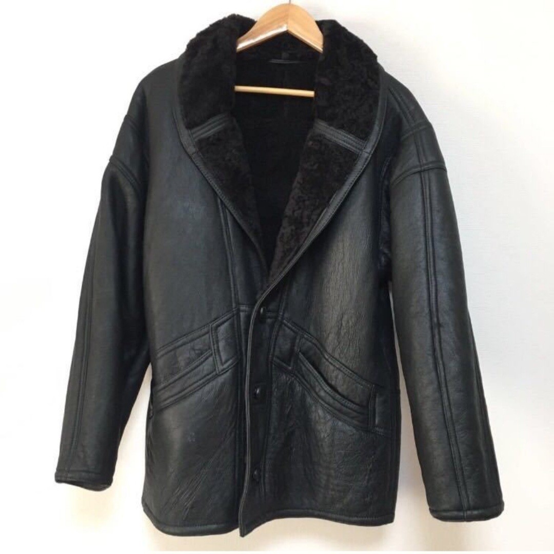 高級 ウルグアイ製リアルムートンコートMメンズ黒ブラックシープスキン