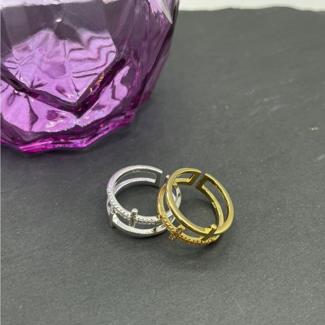 クロスダブルリング 十字架 ジルコニア シルバー925 ゴールド