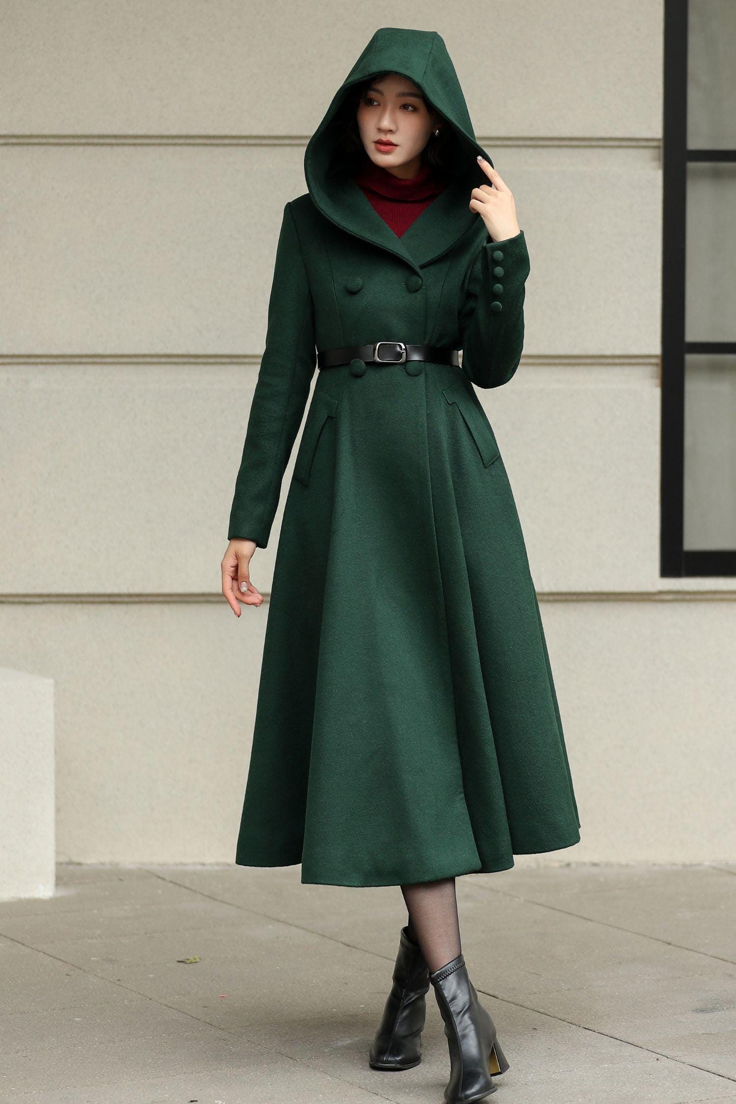 Green Hooded Trench Coat: Fit and Flare Mid-calf Swinging Coat