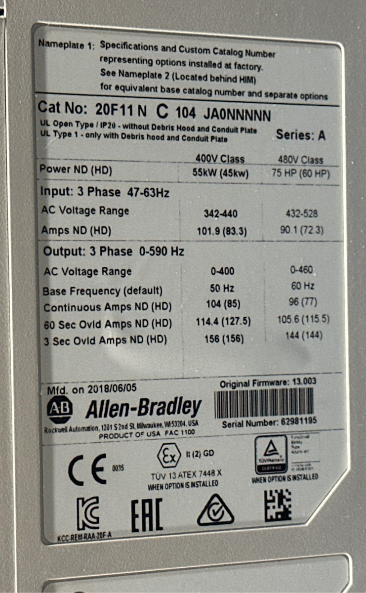Allen-Bradley 20F11N C 104 JA0NNNNN SER.A PowerFlex®753 AC Drive