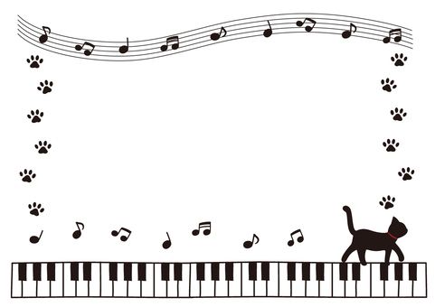ピアノを弾く黒猫のフレームイラスト