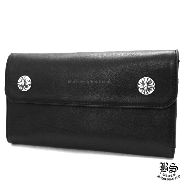 クロムハーツウェーブウォレットクロスボタンブラックヘビーレザー
