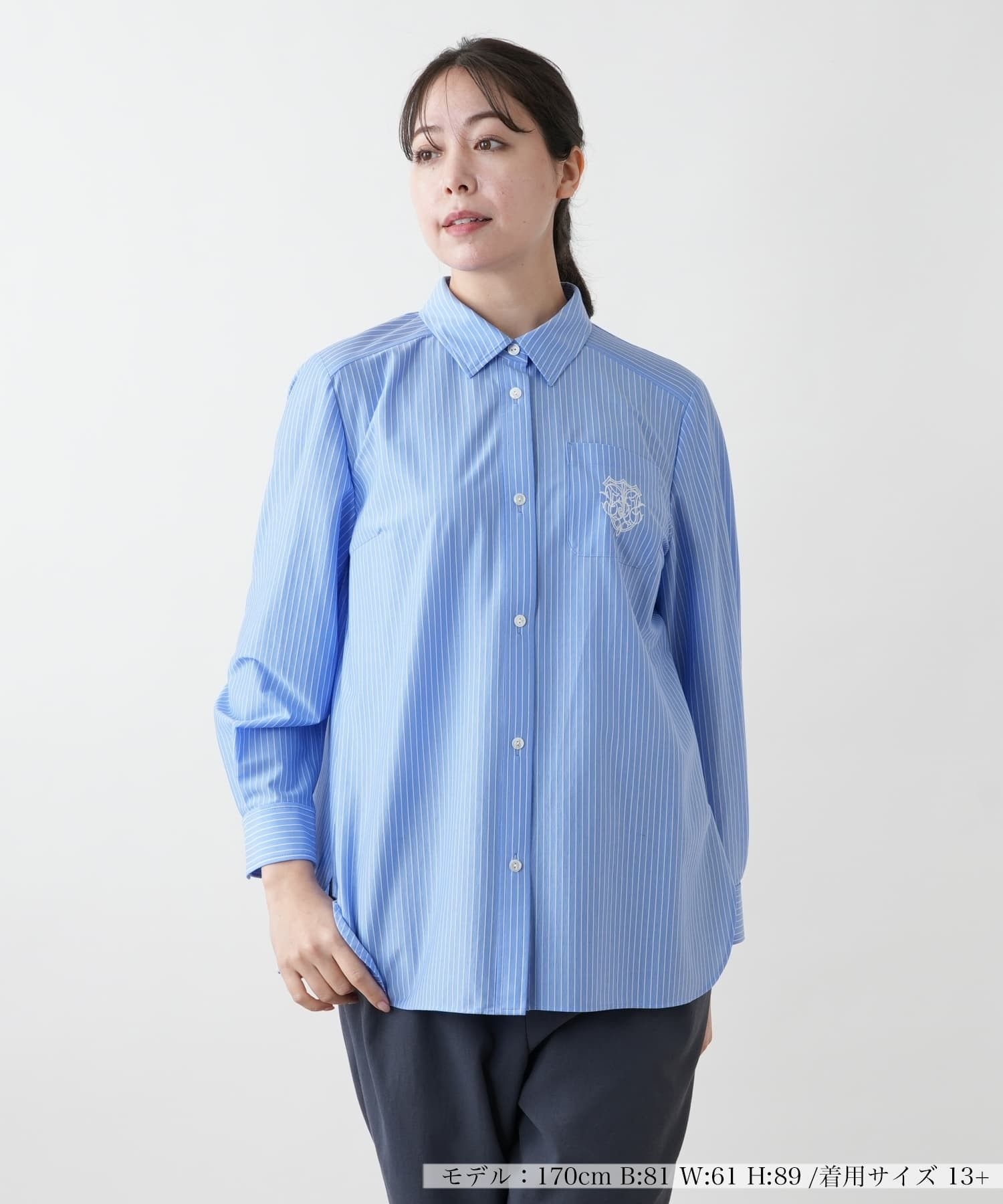 店舗人気】【ウォッシャブル】刺繍ストライプシャツ|レリアン プラス