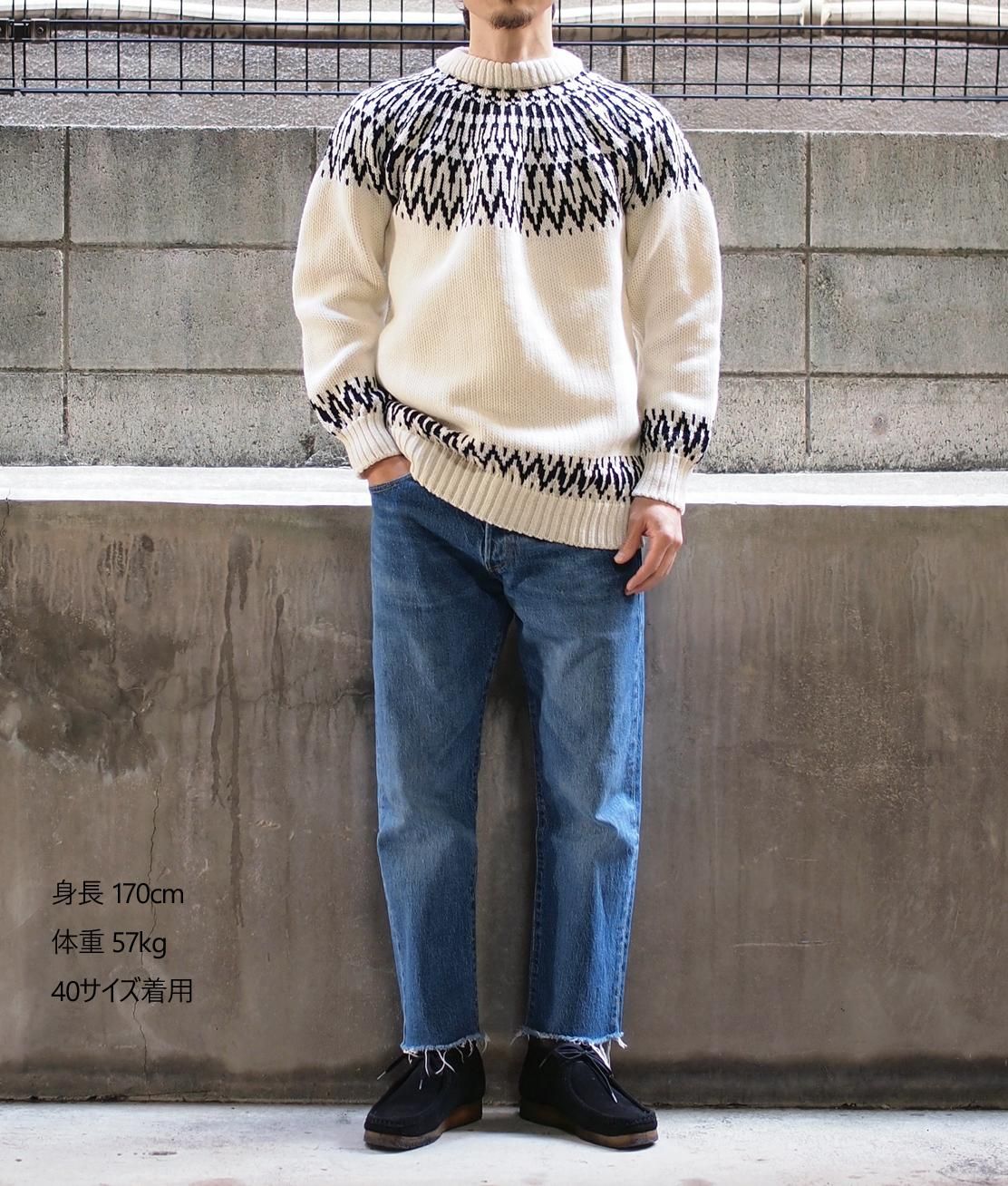GUERNSEY WOOLLENS】NORDIC CREW NECK SWEATER - ARAN/BLACK ガンジー