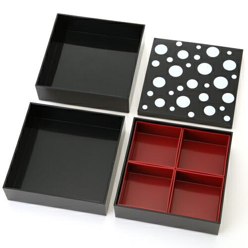 みよし漆器本舗 紀州塗り 重箱 3段 6寸 三段 水玉 仕切り 入子付き 白