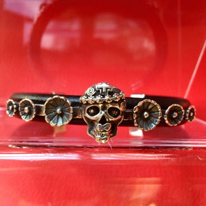 Mi Vida Loca Skull with Flowers Sterling Silver Inlayed on Leather