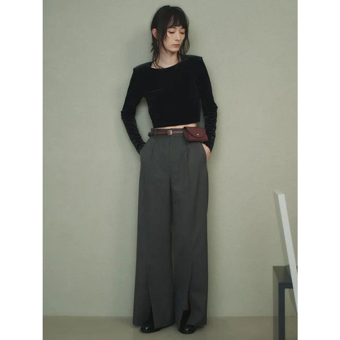 アニュアンス anuans ベロアクロップドカットトップス （BLACK） -靴