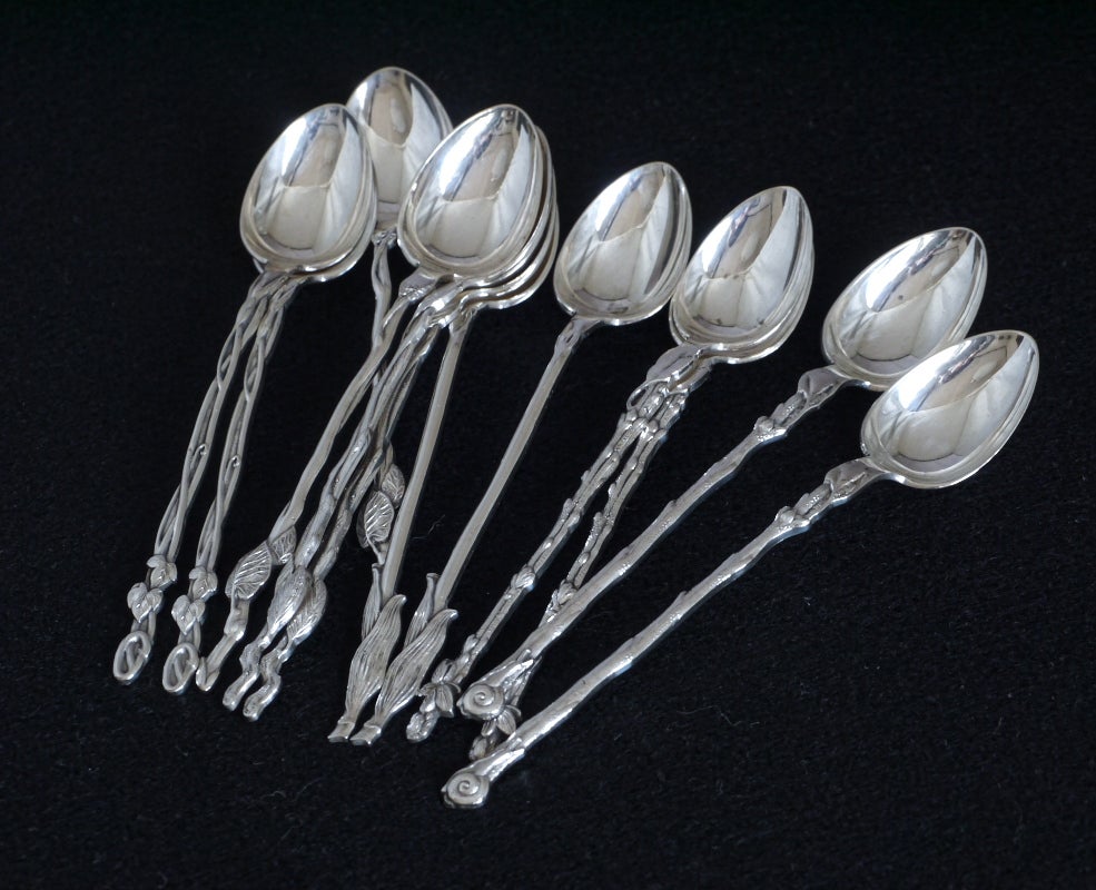 純銀製 宮本商行製 植物モチーフのティースプーン12本セット | 戦前