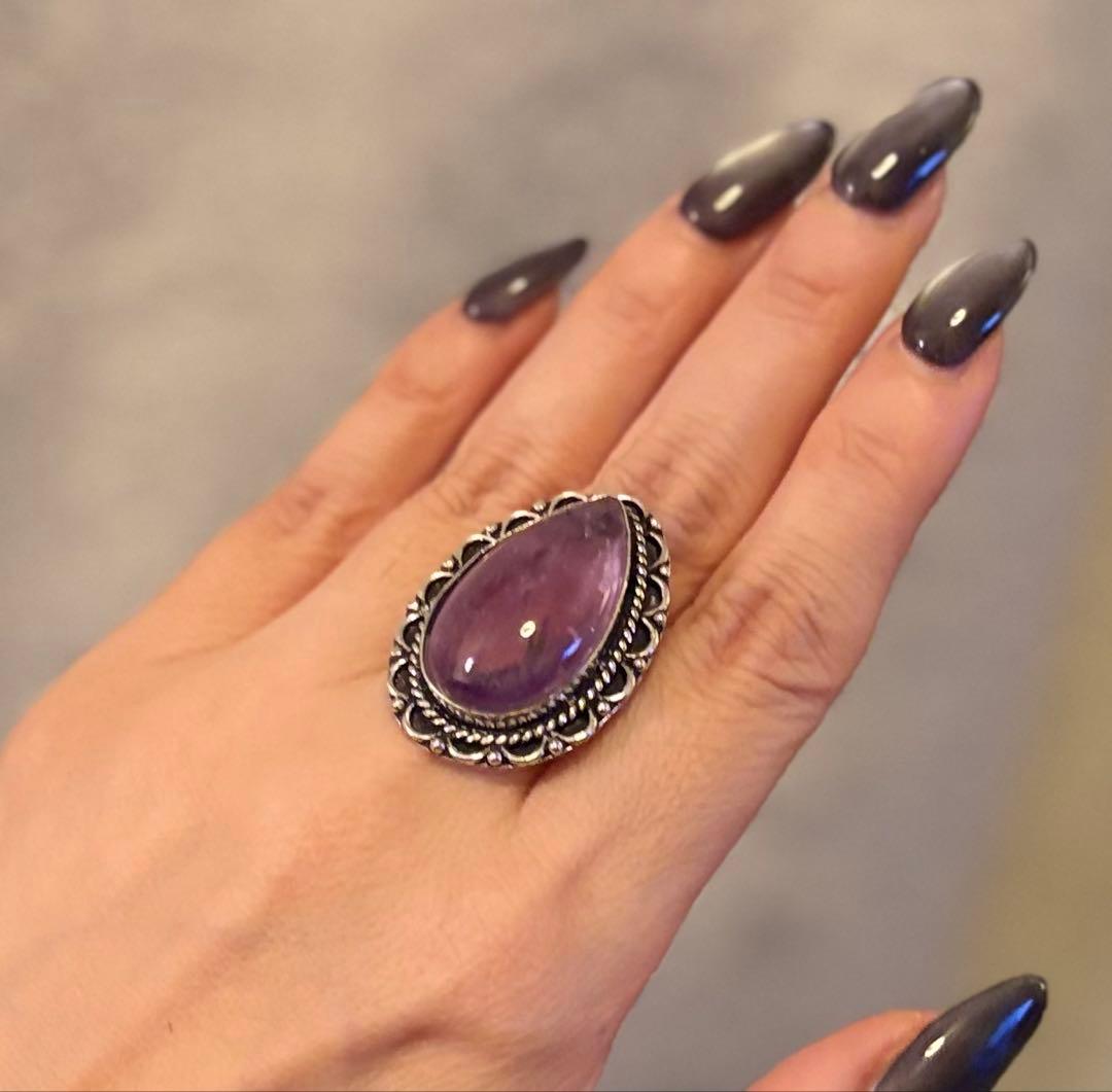 アッシュペーフランス ヴィンテージアメジスト ペアシェイプストーンリング 15号