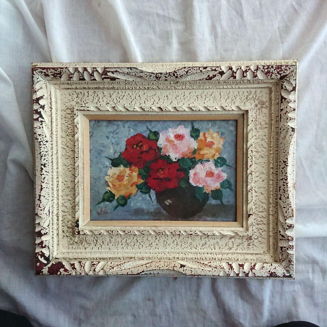 薔薇 古い 絵画 油彩 昭和レトロ 額縁 花 /アンティーク フランス 蚤の市 静物画油絵『薔薇の花かご』 - 薔薇と天使のアンティーク