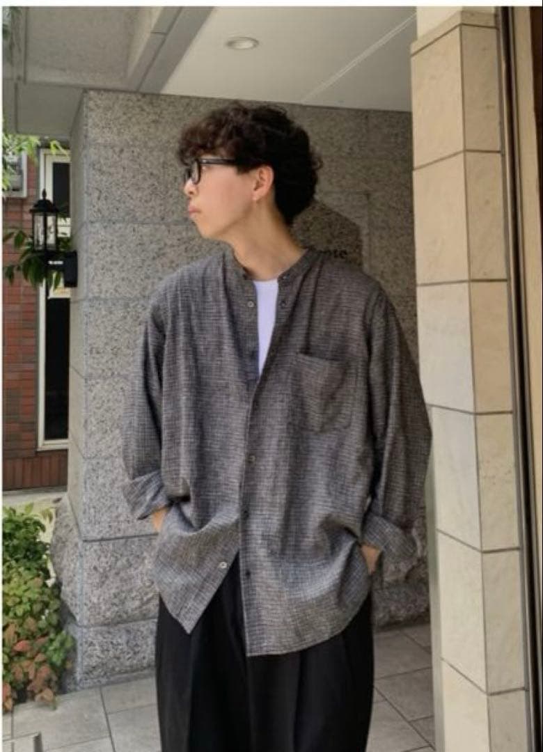 コットンリネン ネップチェック バンドカラーシャツ　サイズ5