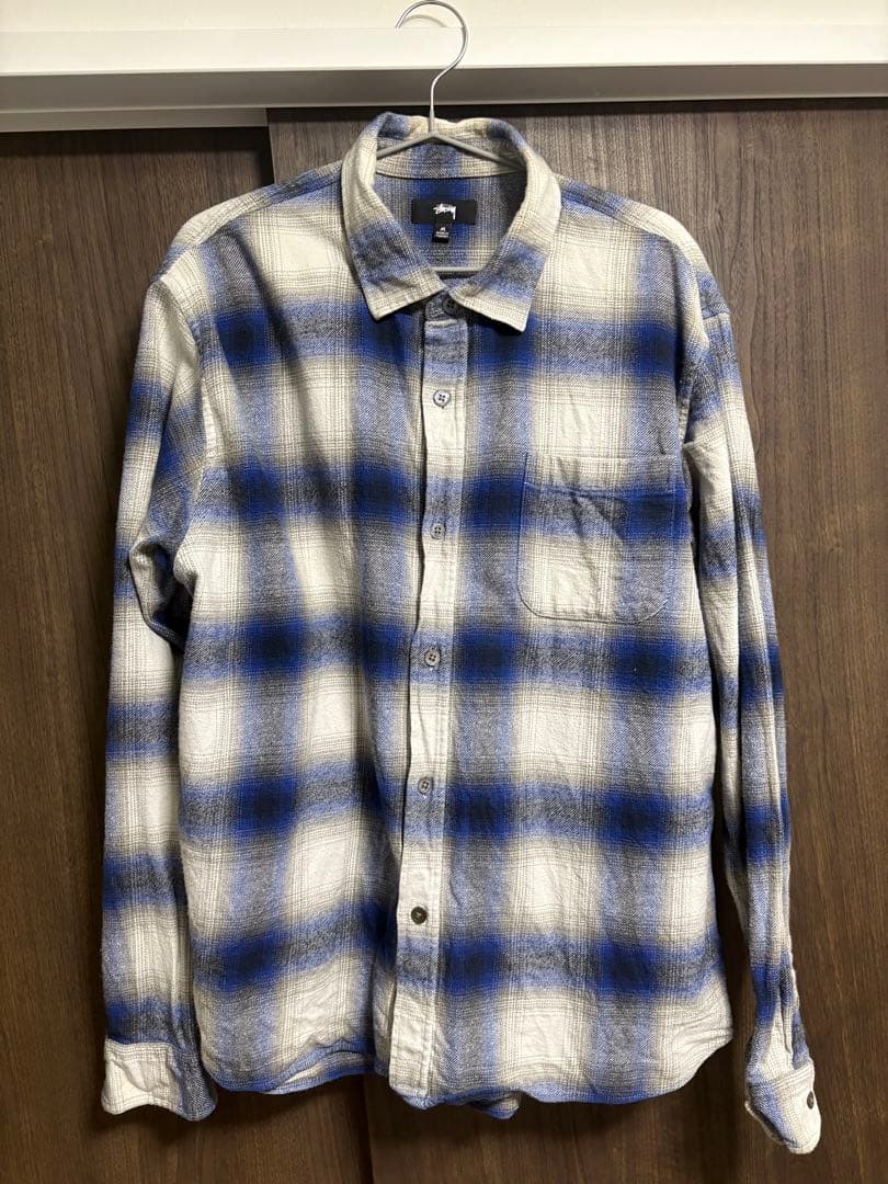 Stüssy 青と白のチェック 長袖シャツ M