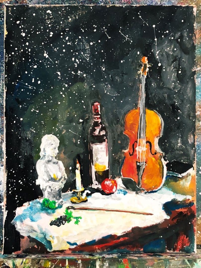 絵画　バイオリン　キャンバス　イーゼル付き　micchan作