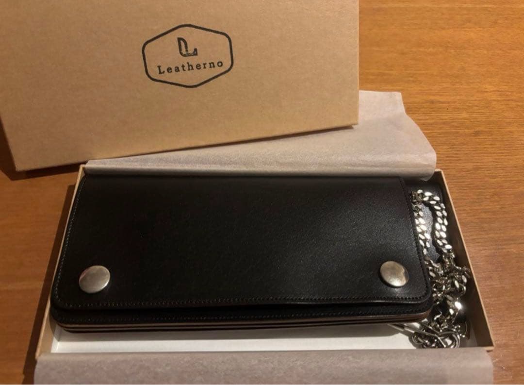 Leatherno ブラック レザー 長財布 チェーン付き