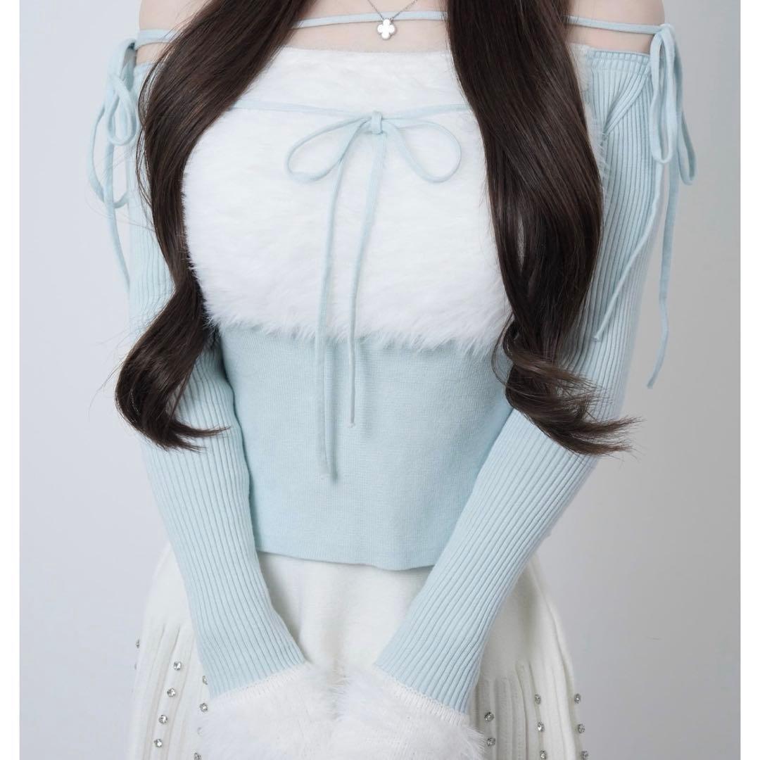 Lumignon Ribbon bust fluffy tops ライトブルー - メルカリ