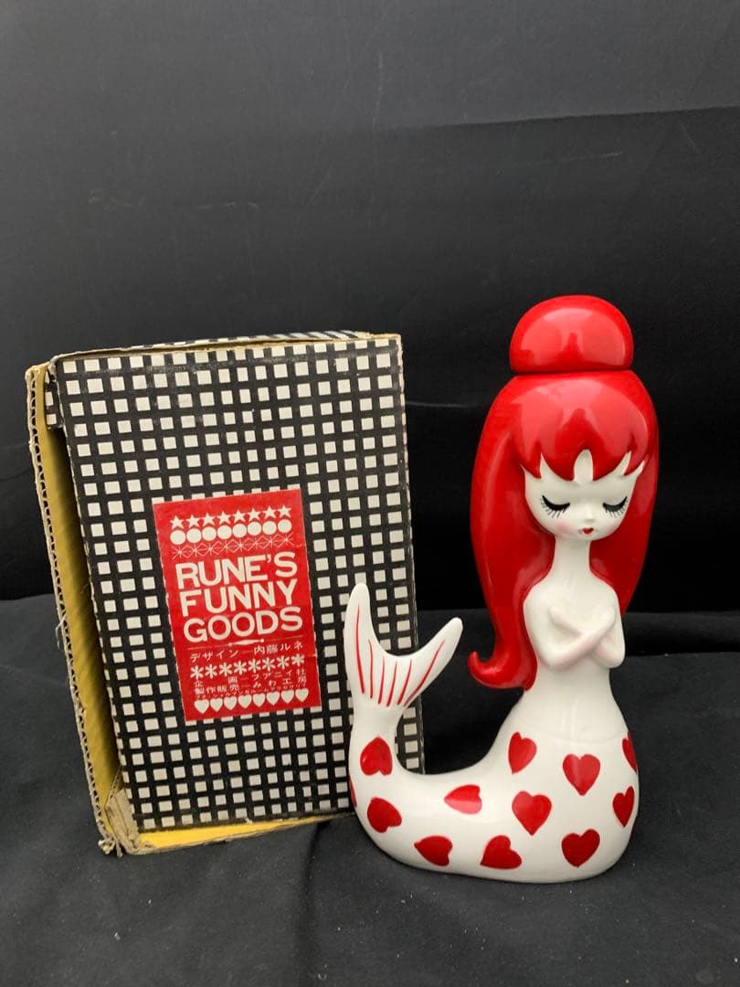 内藤ルネ 人魚 陶器 RUNEs FUNNY GOODS 当時物 内藤ルネ 陶器製人魚 赤色 絶版品 人魚 RUNE マーメイド 一輪挿し ペン