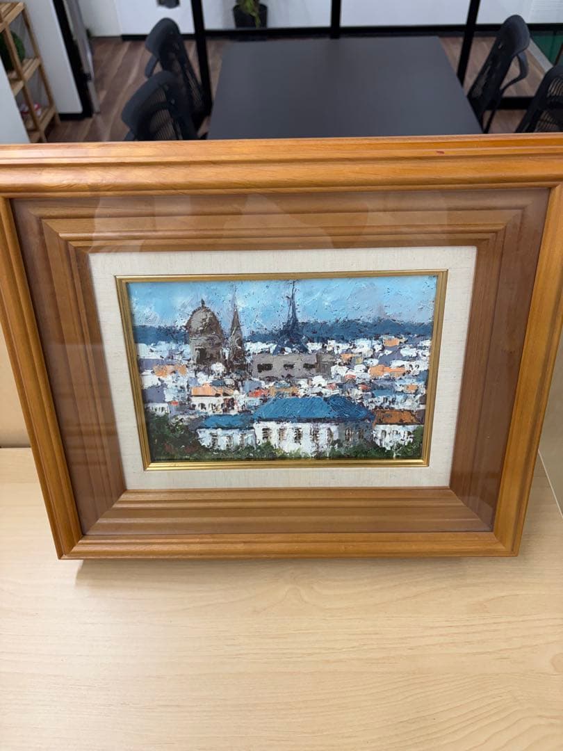 H. W. 渡部ひでき　「エッフェル塔遠望」油彩画 木製フレーム付き