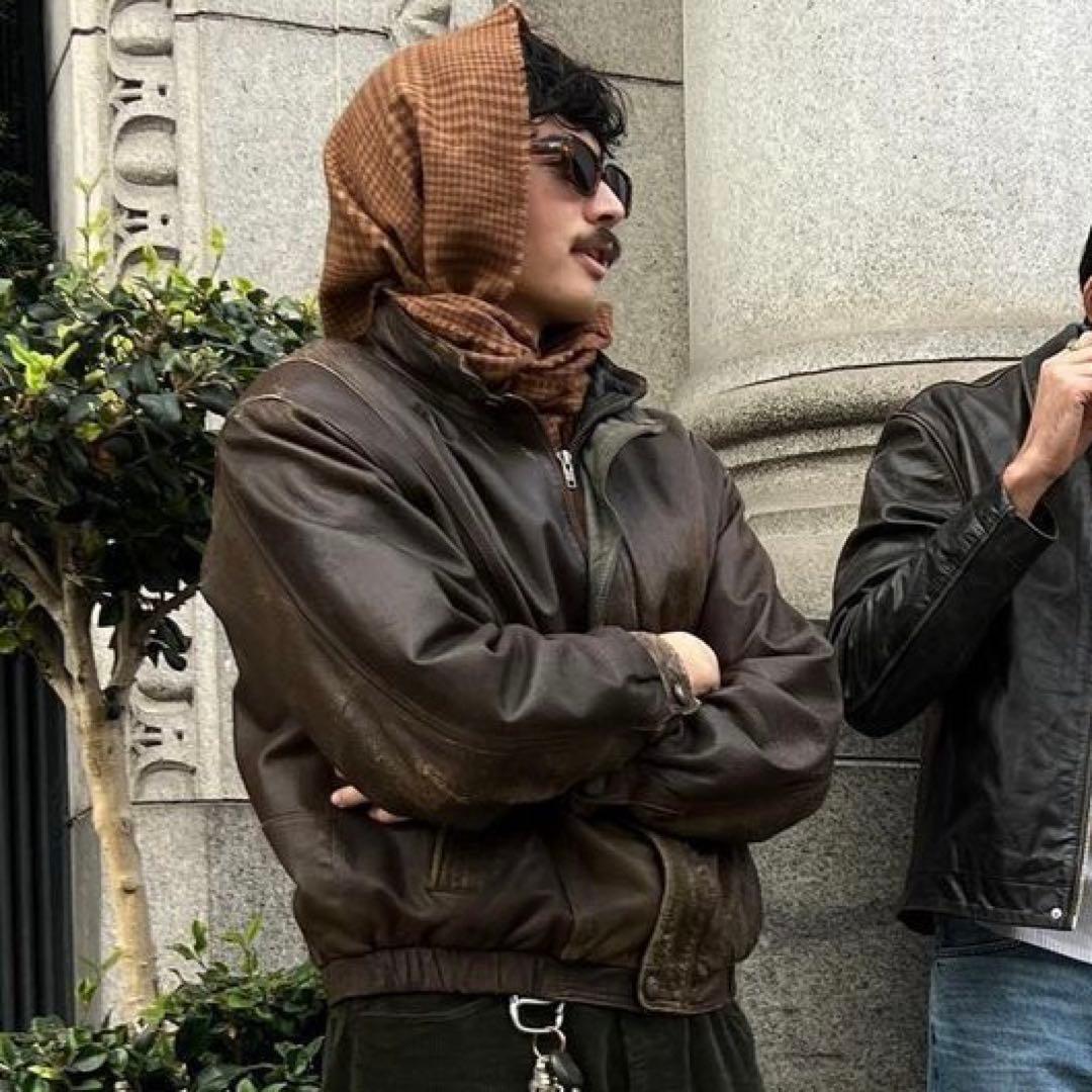 90s 短丈 レザージャケット MA-1型 ブラウン チェック柄 古着 本革