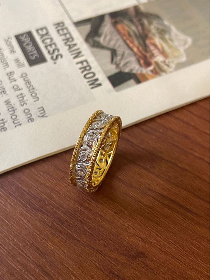 【S925純銀】ブチェラッティ風 彫金ワイドリング／クラシックアンティーク 上品なブチェラッティ風 四つ葉のクローバー18Kメッキリング | hoshine