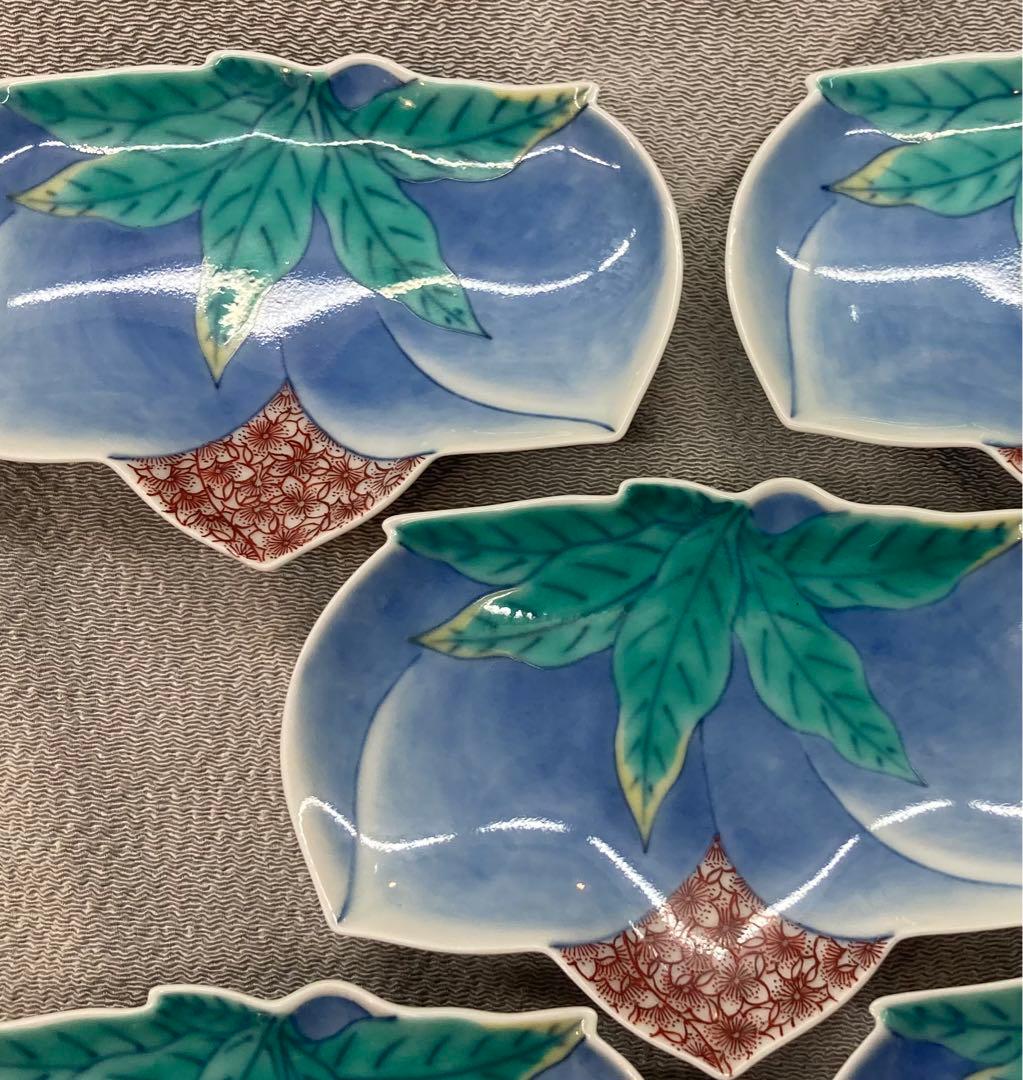 B100s 今泉今右衛門「色絵双桃変形小皿 5枚」 鍋島焼 箱無し 有田焼