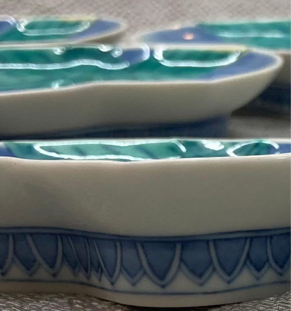 B100s 今泉今右衛門「色絵双桃変形小皿 5枚」 鍋島焼 箱無し 有田焼