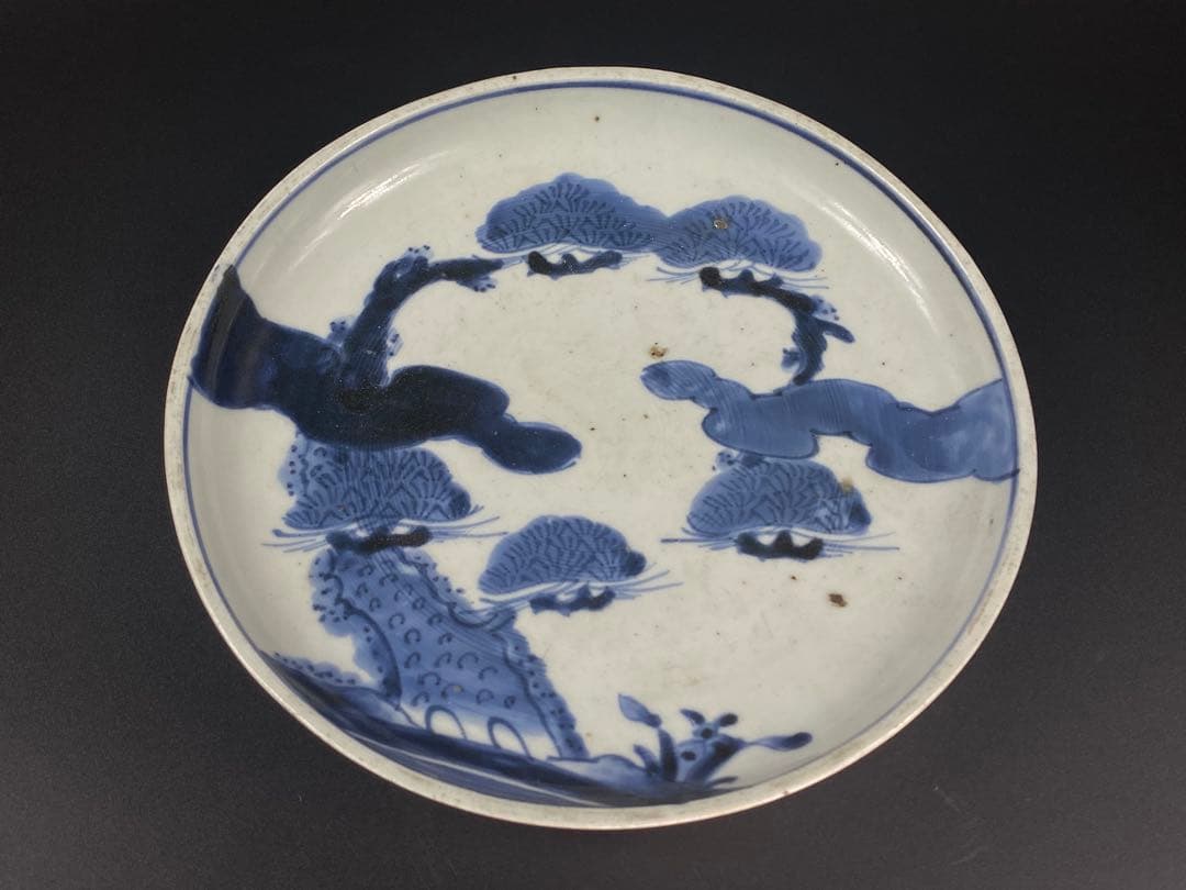皿 青花 染付 古松紋 中国古玩 骨董 古美術 明末清初 時代物 径21cm