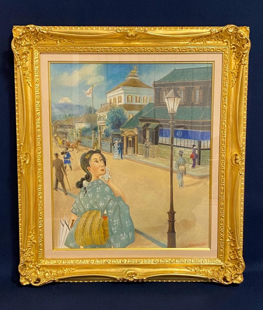 「真作」作者不明　街景画　油絵　油彩画　直筆サイン　額装　F10号