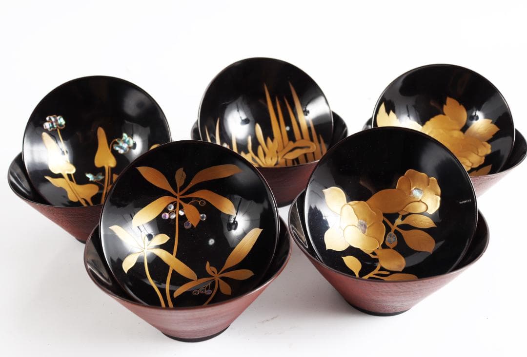 糸目 内梨地 螺鈿 花 図替 吸物椀 五客 蒔絵椀 懐石道具③ 吸物椀 正法寺 黒 木製 漆塗り 12-00403 漆器の井助