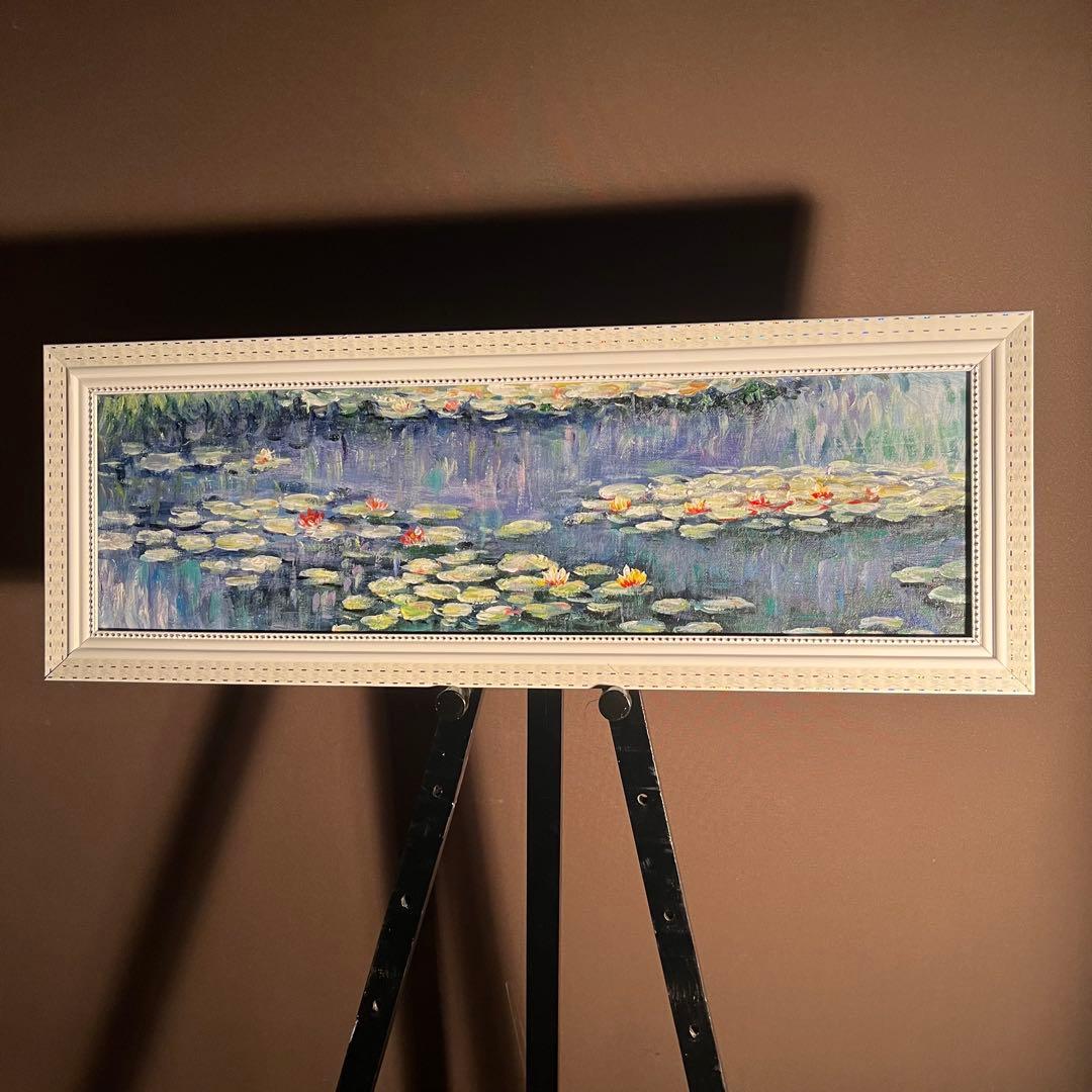 ★秀作★ 手書き油絵 モネ 睡蓮 額付 肉筆絵画 インテリア 油彩画
