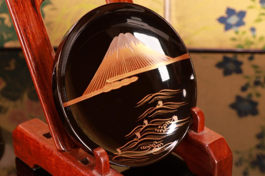 BJ022 時代輪島 雲上富士図金蒔絵 吸物椀 二客 木製 茶道具 懐石 菓子