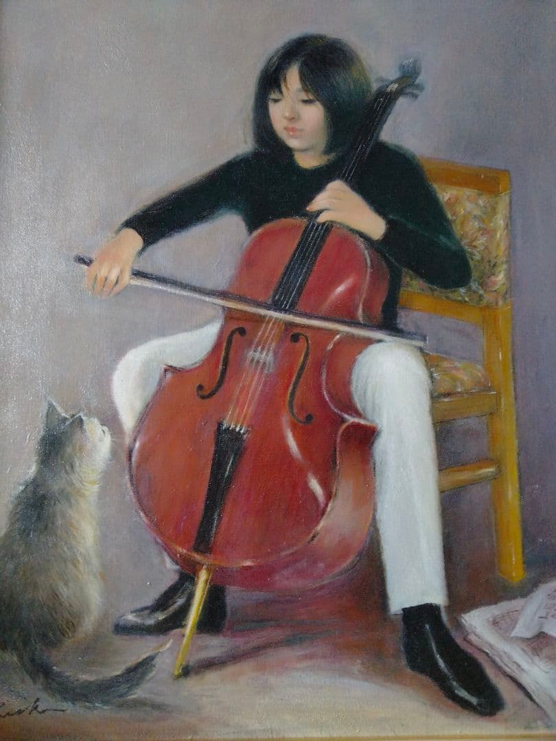 チェロを弾く少女と猫　オリジナル絵画　油彩画　F30号