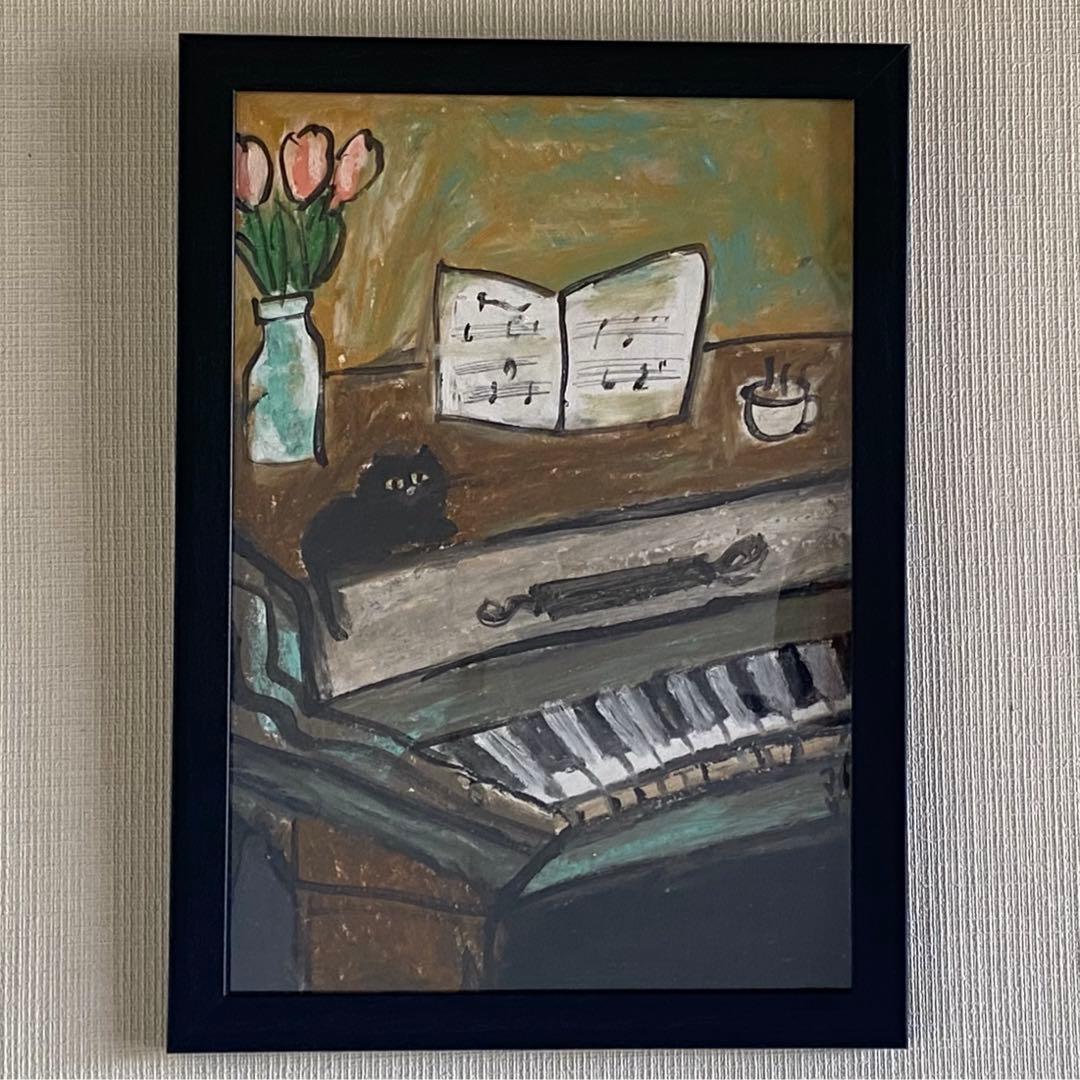 絵画。壁掛け原画【ピアノ部屋で音楽を聴くのが好きなかわいい黒猫】 ピアノで眠る猫のクリップアート21選 | 心地よい音楽猫のイラスト