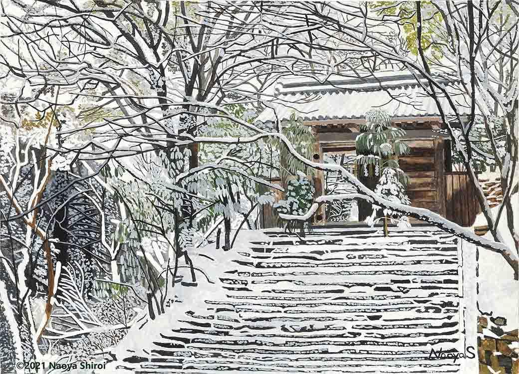 水彩画　ジクレー版画「雪のもみじ谷」（高良山／久留米市）