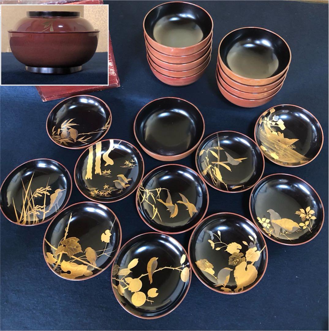 《R》懐石 絵変り鳥蒔絵 雑煮椀10客 木製漆器 木箱　260109き2