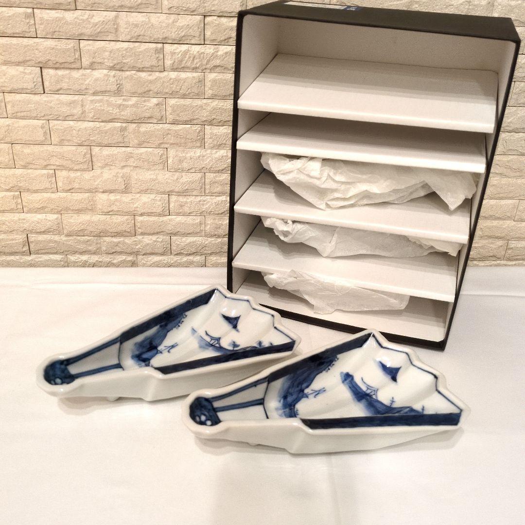染付山水　半開扇　向付　青白磁　扇形皿　特選陶器５枚セット　箱入り