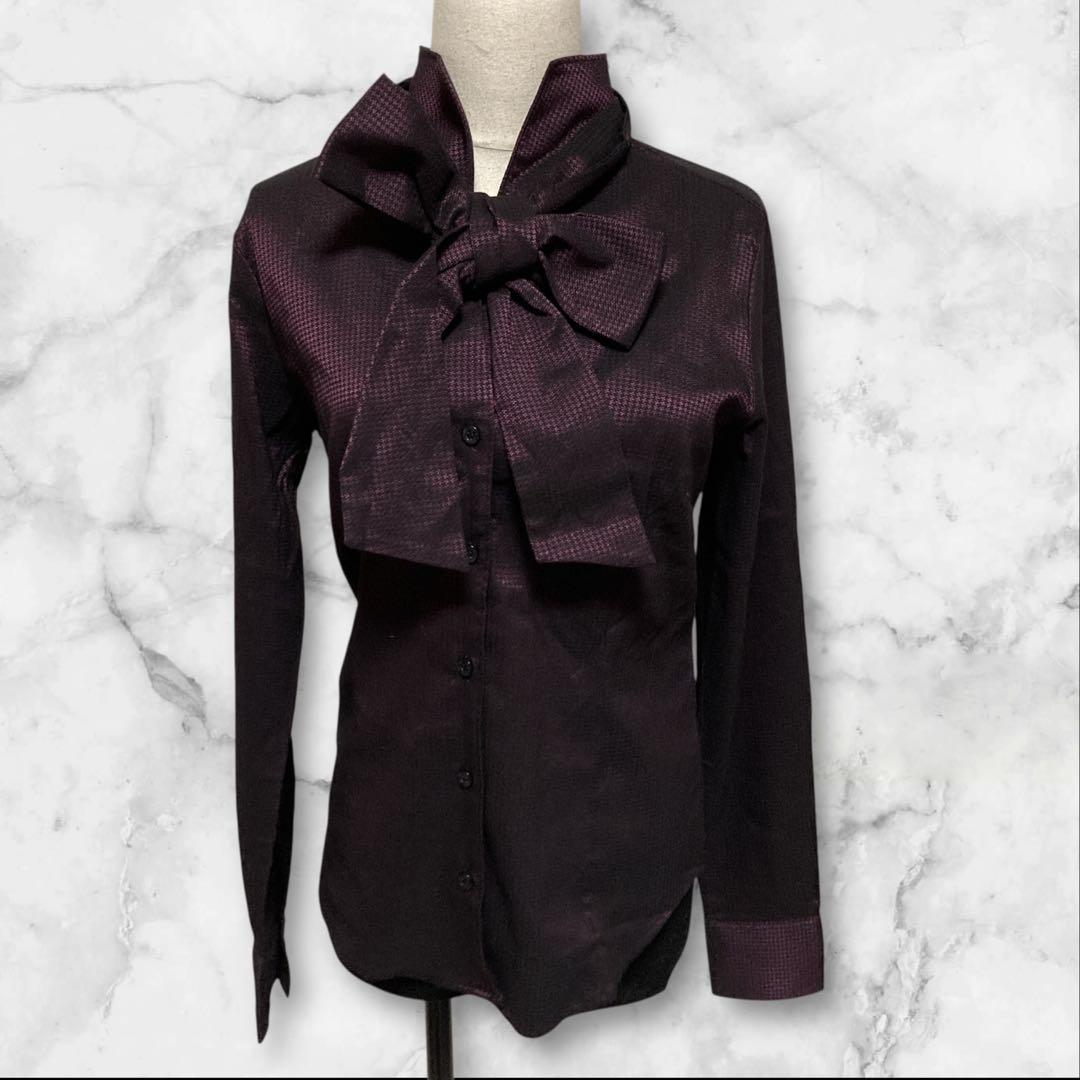 【未使用タグ付き】ナラカミーチェ　パープル　光沢　ボウタイリボンブラウス　長袖