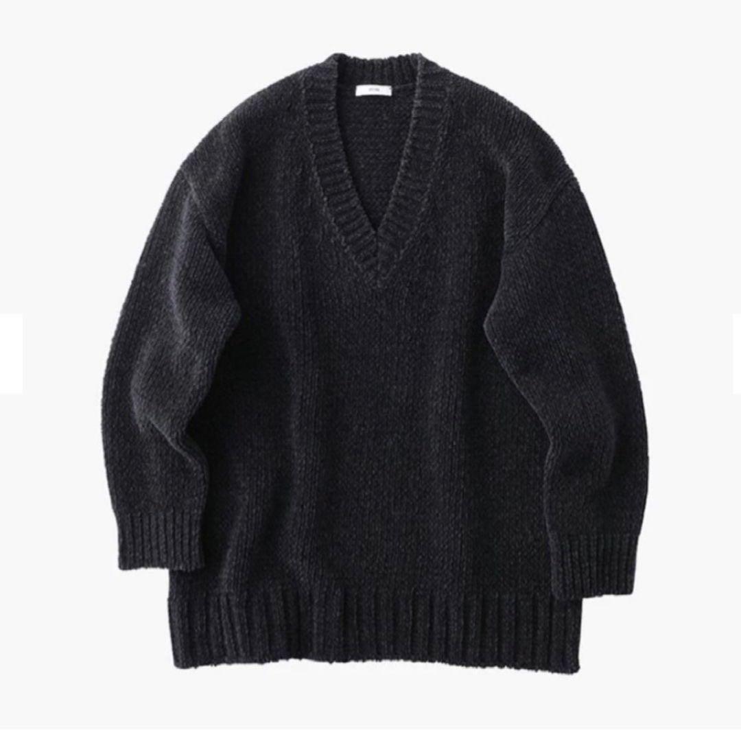 ATON ウール モールニット Vネック セーター チャコール 02