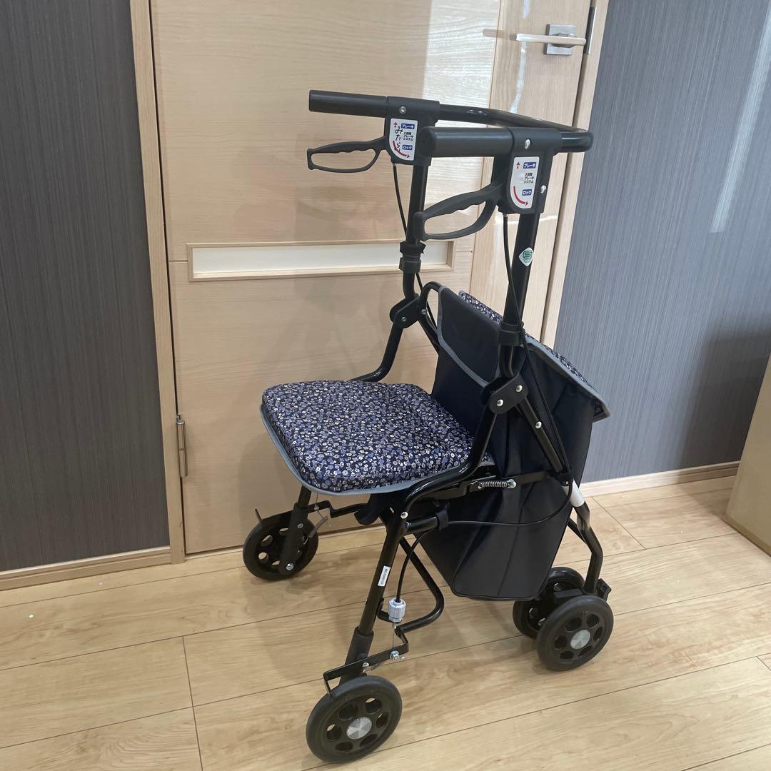 U字型ハンドル花柄シルバーカー 2段階ブレーキ付き