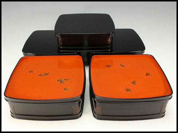 懐石 遊雀蒔絵 四方 桜皮 縁高 時代 希少 春 極上品(K-LC944)