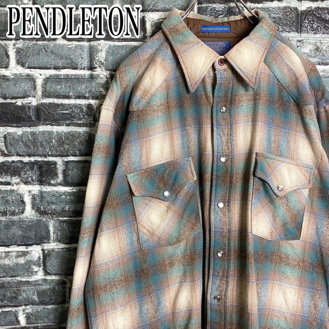 70s ペンドルトン ウエスタンシャツ オンブレチェック ブルーベージュ