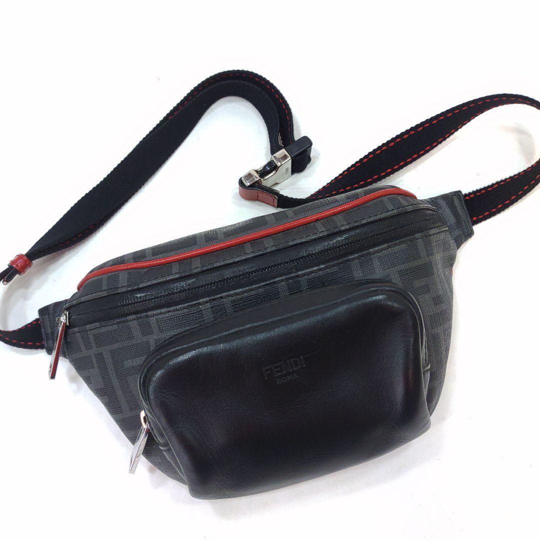 【美品】フェンディ ウエストポーチ ボディバッグ レザー×PVC FF柄 黒