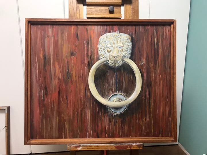 フィレンツェ街角の風景　ドアノック　油絵　Ｆ25