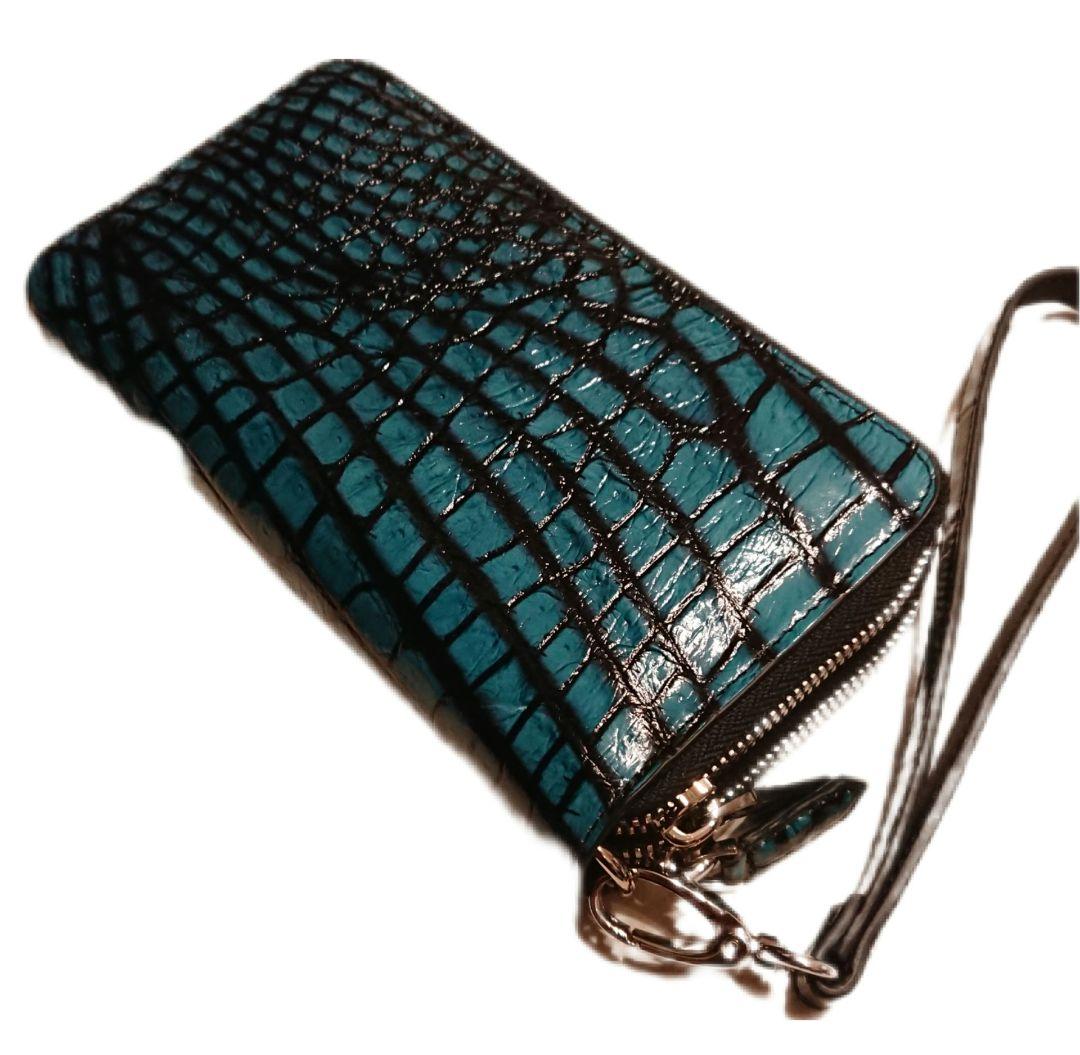 クロコダイル ダブルジップ長財布 ターコイズグリーンブルー