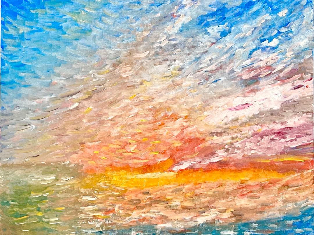 印象派風 油彩画 夕焼けの海 F12