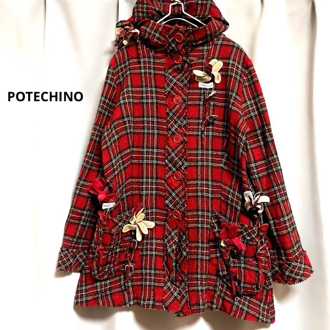 POTECHINO 立体モチーフロゴタータンチェックウールシャツジャケットさえら